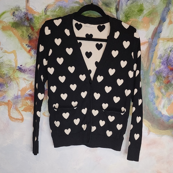 Black Buttonup Cardigan with Offwhite Hearts - Picture 1 of 5